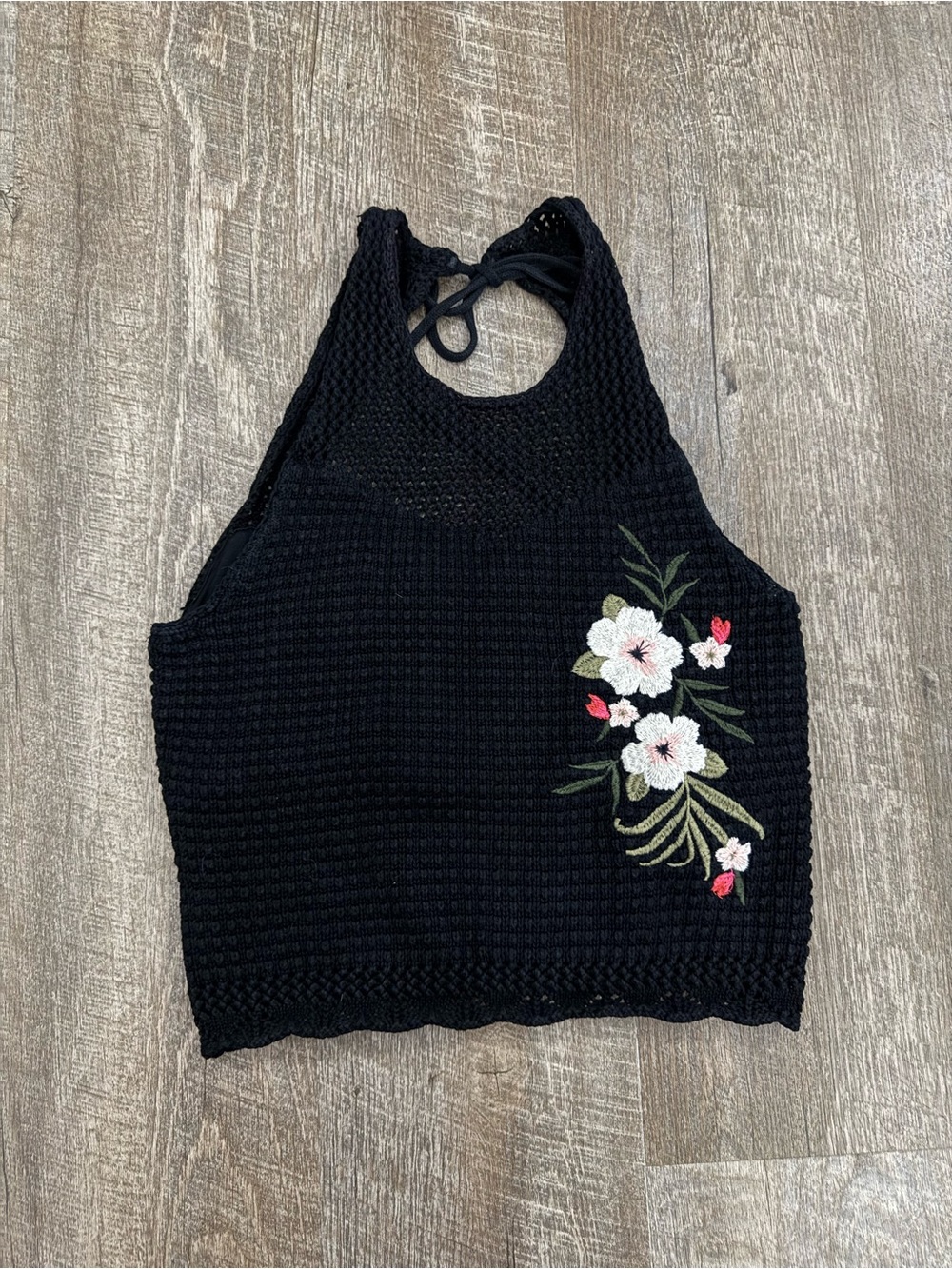 Black Crochet Floral Halter Top Boho Size L/XL